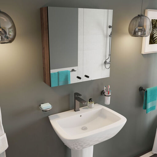 Croydex Ontario Teak Bathroom Mirror Cabinet with double doors