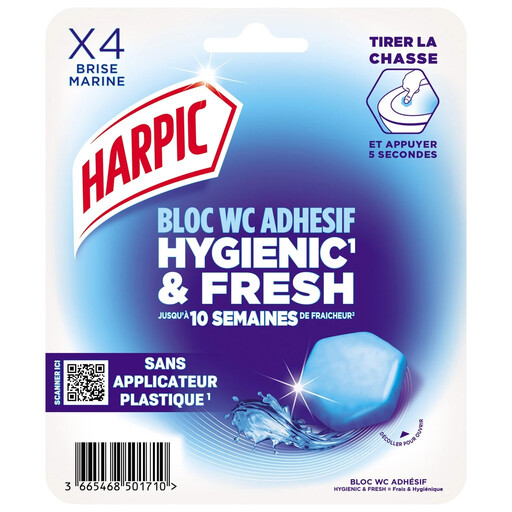 HARPIC Adhesive Toilet Rim Blocks, Hygienic & Fresh, Marine Breeze, 4 blocks