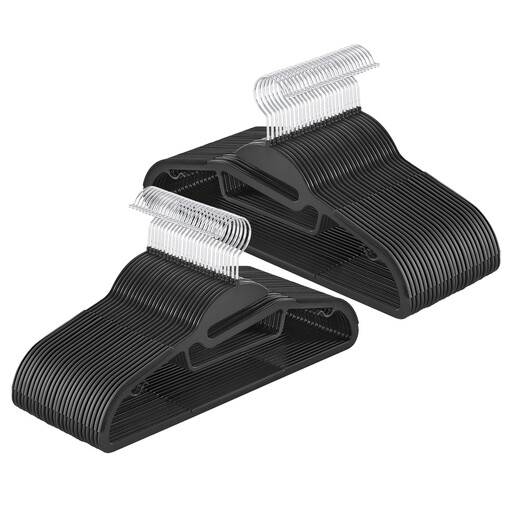 A pack of black plastic clothes hangers with a unique S-shaped opening