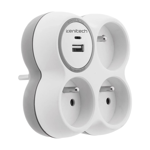 Zenitech Bolea Power Strip with 3 x 16A AC Outlets & 2 USB-A Ports - White & Gray