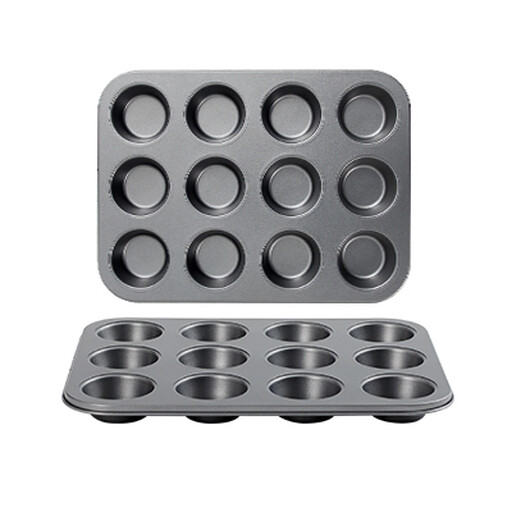 A grey carbon steel baking pan with 12 square cavities for mini cakes.