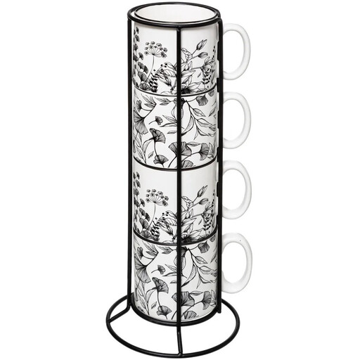 Secret de Gourmet Ceramic Coffee Mug Set with Metal Rack