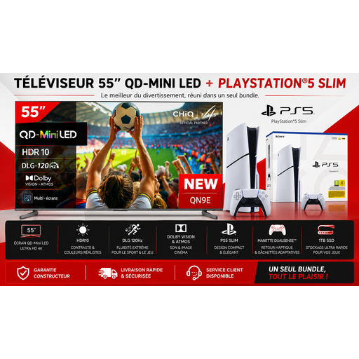 Sony Console PlayStation 5 Slim Standard avec Manette PS5 sans fil Dualsense + TV CHiQ M55QN9E 55