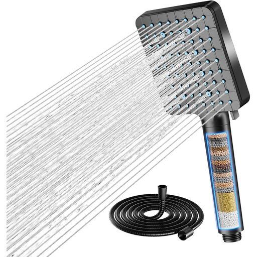 Cobbe Shower Head with Hard Water Filter, High Pressure Shower Head and Hose with 20-Stage Filter, 6 Spray Modes, Square Powerful Shower Head, Black