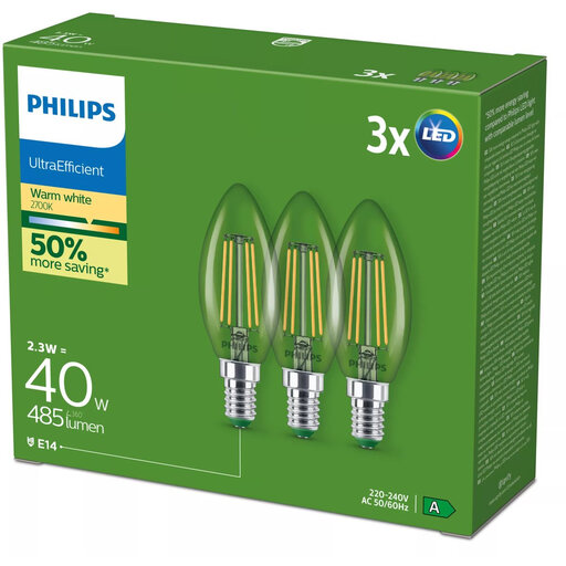PHILIPS UltraEfficient LED Bulb, Clear - 40W - E14 Base - Warm White Light, 2700K - Ultra Efficient: Energy Label A - 3-Pack