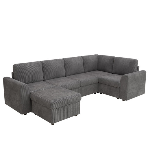 Modernes Cord-Ecksofa mit multifunktionaler Ottomane in Grau