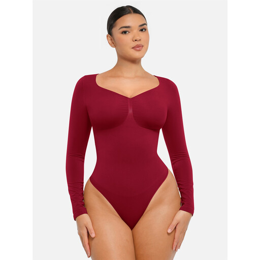 FeelinGirl Seamless Long Sleeve Arm Shaper Tummy Control Ruched Bust Thong Bodysuit for Women M Dark Red, Couple Gift Perfect Gift