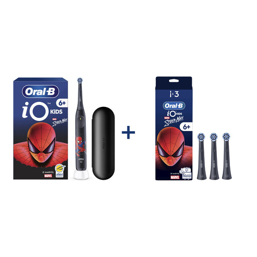 Oral-B iO Kids Spider-Man Electric Toothbrush with Travel Case + Spider-Man Brush Heads x3 | Complete 1-Year Bundle