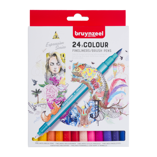 Bruynzeel Dual Tip Marker Set (Fineliner & Brush) – 24 Colours