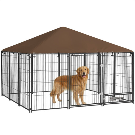 Outdoor Dog Kennel in Steel and Oxford Fabric with Bowl Holder Roof 211 x 211 x 151 cm Black and Coffee Ideal for Garden and Outdoor Compatible with Pets Maximum Protection and Comfort T1003-01-10517