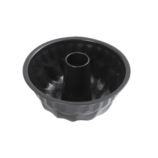A grey carbon steel cake pan shaped like a detailed pumpkin.