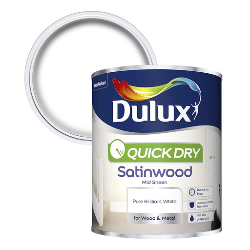 Dulux Quick Dry Satinwood Paint - Pure Brilliant White - 750ml