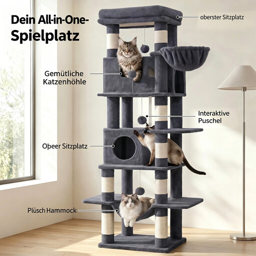 Large Cat Tree Tower, 170×50×40cm, with 8 Sisal-covered Poles