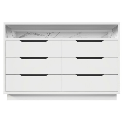 Sideboard, chest of drawers with LED lighting and 6 drawers, marble-look storage compartment, modern cabinet for living room and bedroom, 120x40x85cm, White