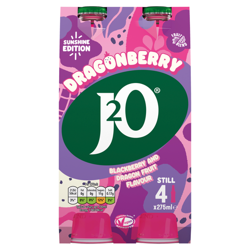 J2O Dragonberry Blackberry & Dragon Fruit Flavour Sunshine Edition, four 275ml bottles