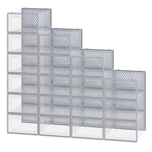 Ochama 18-Piece Set Sneaker Storage Boxes, Foldable and Stackable, Grey and Transparent