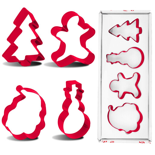 Boxedhome Cookie Cutter Set, 4-Pieces, Red, Gift-Box-Packaging, 430-Stainless-Steel, Gingerbread-Man, Snowman, Santa-Claus Cookie Molds, Suitable for Christmas Parties and Family Baking