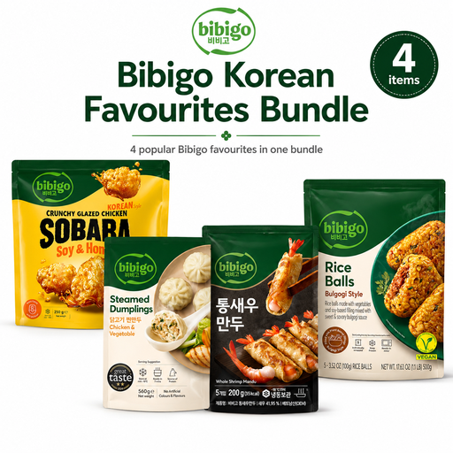bibigo Frozen Foods Bundle with Shrimp Mandu, Rice Ball, Chicken and Veg Steamed Dumplings, and Chicken Sobaba