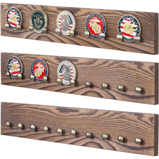 MyGift Wall Mounted Solid Brown Wood Challenge Coin Holder with Brass Tone Metal Nail Hooks