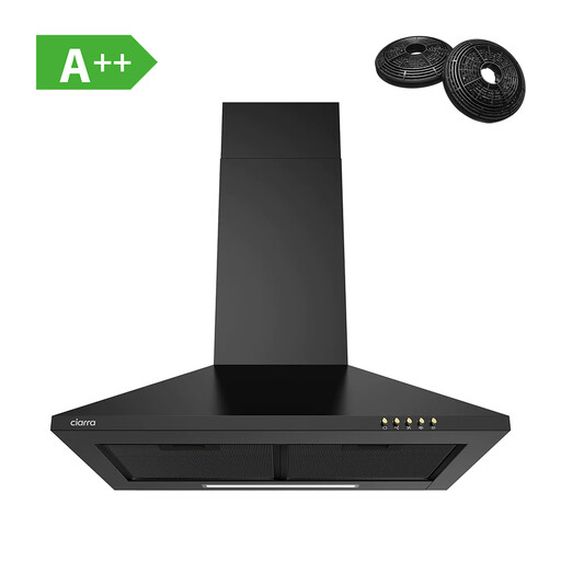 Ciarra 60cm Wall-Mounted Cooker Hood, All-Black Design with Black Filter and Bronze Control Button, 370m?/h Extraction, CBCB6201-B