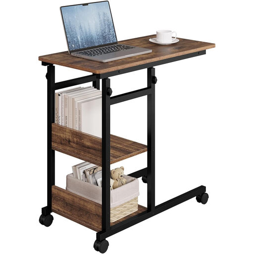 Woltu Side Table Coffee Table Sofa Table Living Room Table Laptop Table Bedside Table, C-Shaped Height Adjustable, with Wheels, Made of Metal and Engineered Wood, Vintage wood Look + Black, BTS08hov