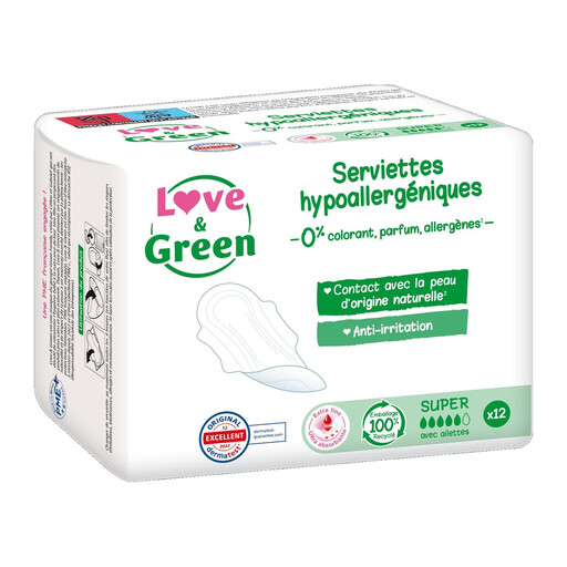 LOVE & GREEN Hypoallergenic Eco Sanitary Pads with Wings, Super