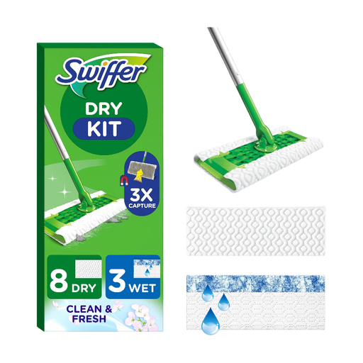 SWIFFER Kit de Démarrage Balai avec 1 Manche, 8 Lingettes Sèches & 3 Humides
