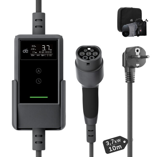 Dé Type 2 Portable EV Charger 3.7kW 1-Phase 6A-16A Adjustable 10m Charging Cable with CEE 16A Adapter