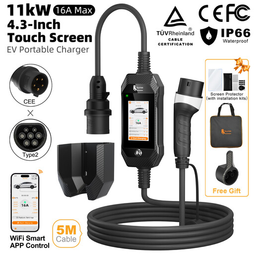 feyree Portable EV Charger 11kW 16A 3P Fast Charging Type2 Socket 4.3inch Touch Screen Design Smart WIFI APP Control AC Charger