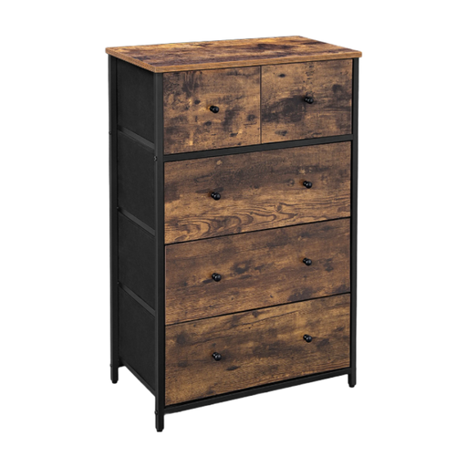 A tall, 5-drawer fabric dresser with a rustic brown wood-effect top and black metal frame.