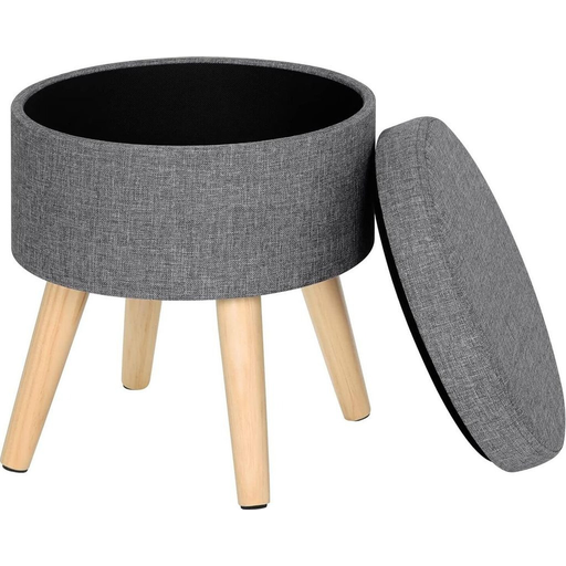 Woltu Round Pouf Storage Footrest, Linen Upholstered Seat, Solid Wood Legs, Light Gray