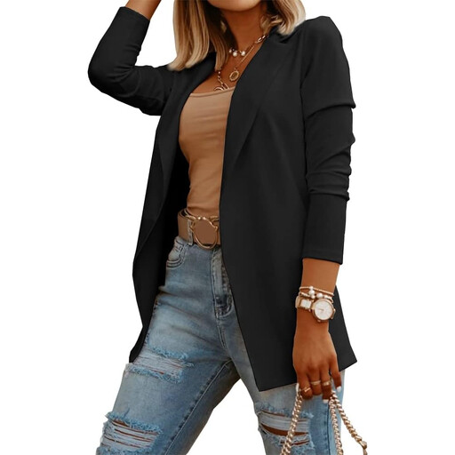 A black, open-front knit blazer with a clean silhouette