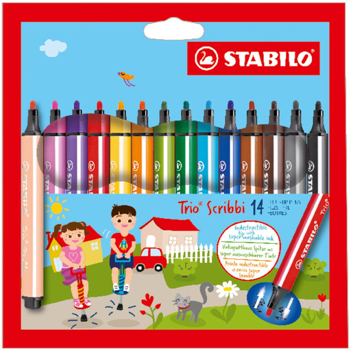STABILO Trio Scribbi Triangular Fibertip Markers with Cushioned Tip - Set of 14 Colours