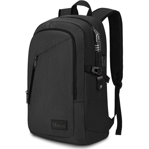 A black anti-theft backpack with clean lines and a USB port visible on the side.