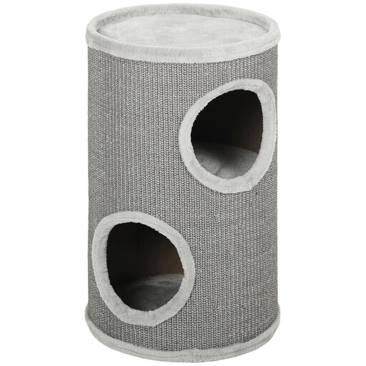 Tonneau à griffer pour chat avec deux cachettes et intérieur en peluche, Ø35 × 60 cm, gris clair