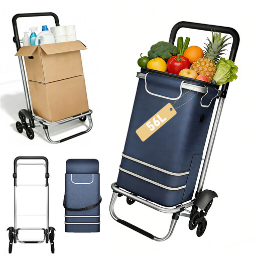 Foldable Shopping Trolley 1/3-wheel, Black/blue, 56 L Volume