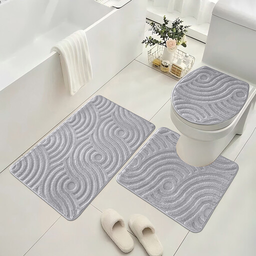Soft Bathroom Carpet 3 Piece Bathroom Rugs and Mats Set with Wavy gray pattern