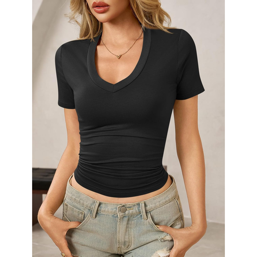 A black slim-fit v-neck t-shirt on a model