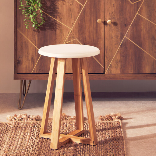 Premier Housewares Contemporary White And Natural Bamboo Round Stool