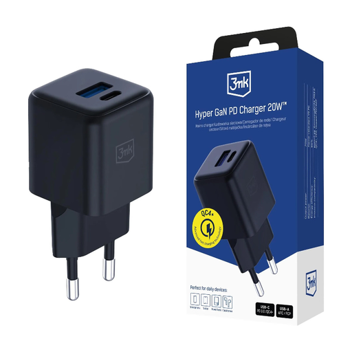 3mk Hyper GaN Charger 20W QC4+ PD PPS USB-C USB-A Wall Charger - Black