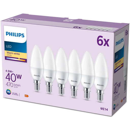 Philips LED Frosted Candle Bulb - 40 W - E14 - Warm White Light - 6 Pack