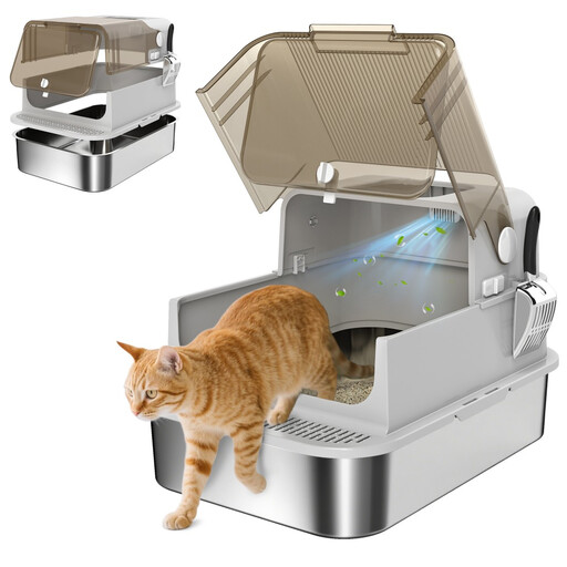 Bac à litière XXL en acier inoxydable avec couvercle rabattable à 90 degrés, double entrée, pelle et nettoyage facile, conception anti-odeurs, idéal pour les grands chats et les chatons, gris T1003-01-19687