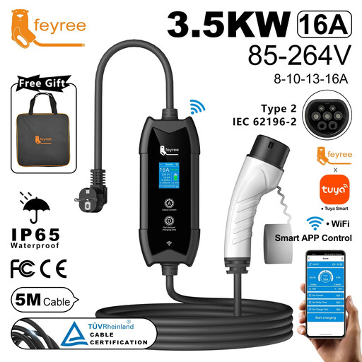 Feyree Type 2 portable EV charger, 5 m cable with Wi-Fi app control, 16A 3.5KW set charging and delayed charging time for EVs