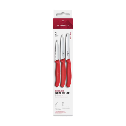 Victorinox Swiss Classic Vegetable Knife Set, 3-Piece, Straight/Wave, Red, Boxed