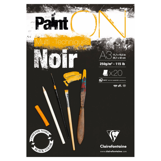 CLAIREFONTAINE Paint'ON Pad, Black, Head-Glued, 20 Sheets, 250 g, A3