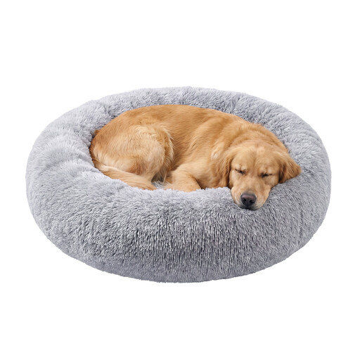 Ochama Fluffy Dog Bed, Cat Bed, Doughnut Cushion, Washable, Removable Padding in the Middle, Long Plush, 120 cm Diameter, Ombre Grey