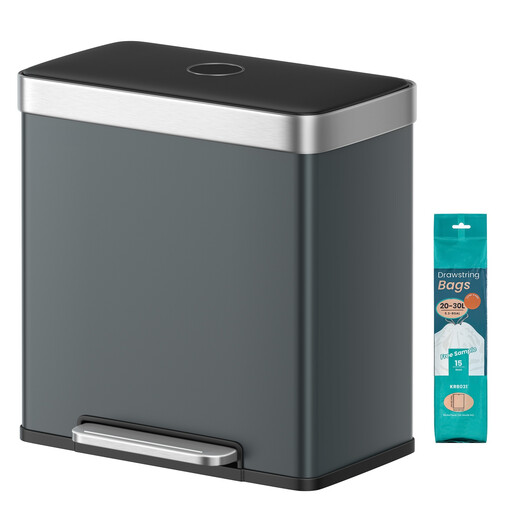 JOYFURNOS Dual Compartment Pedal Rubbish Bin, 2 x 30L Stainless Steel Recycling Kitchen Bin, Soft Close Lid, with Inner Buckets, Grey