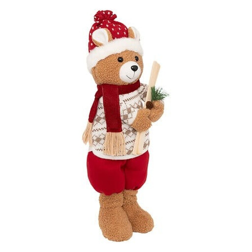 Ein stehender Plüsch-Bär mit Skiern und Winterkleidung in bunten Farben.