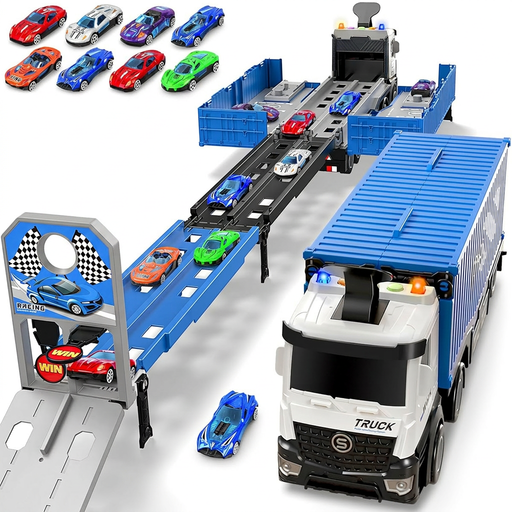 Portable Blue Transport Truck Toy Set with 8 cars