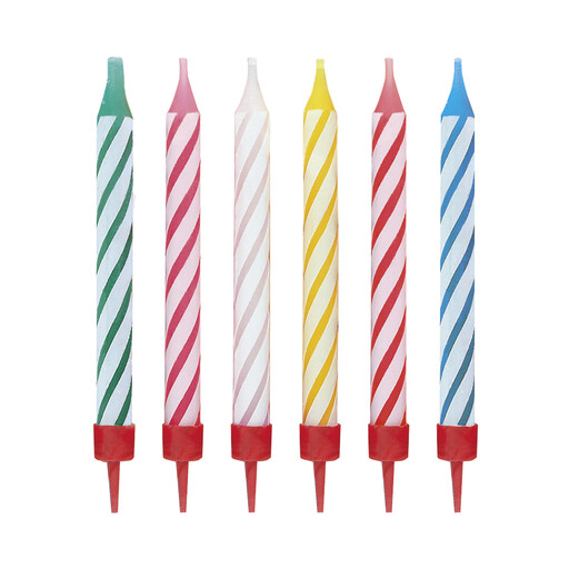 Unique Party Birthday Candles, Striped in Holders, 12 Pack